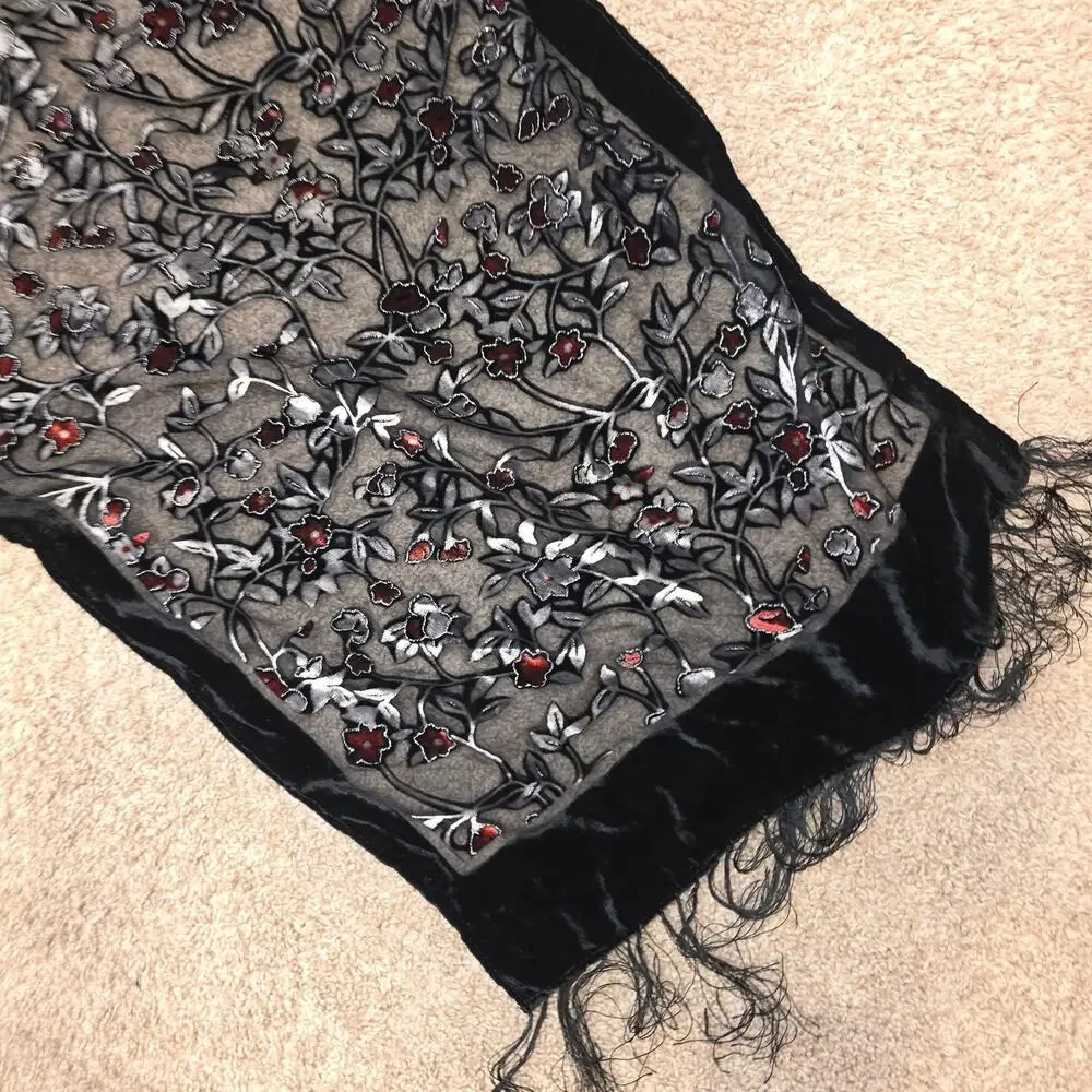 Vintage 100% Silk Velvet‎ Burnout Rectangular Scarf